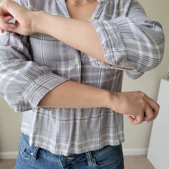 Cropped Flannel Shirt w/ Gold Detailing - Picture 8 of 10